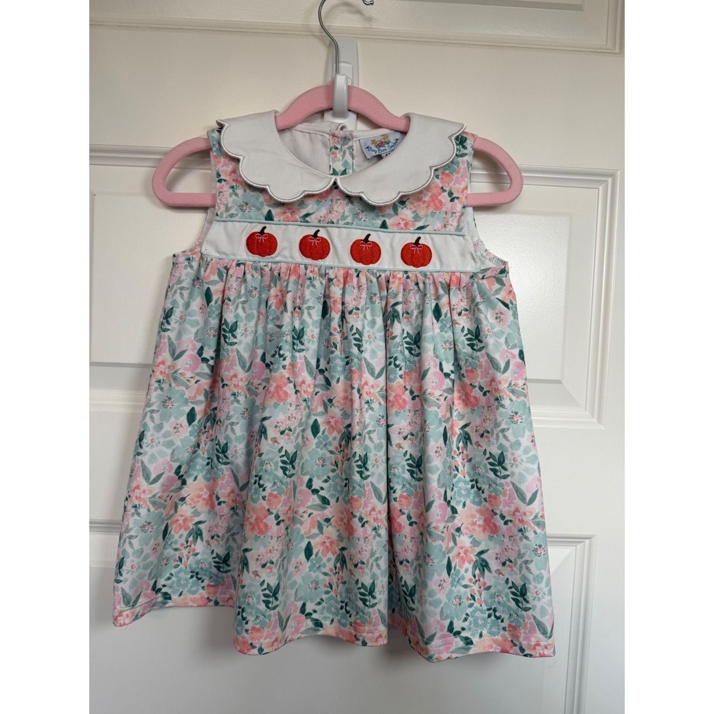 Busy Bees Smocks Girls 4T Floral Pumpkin Smocked Scalloped Collar Dress Fall